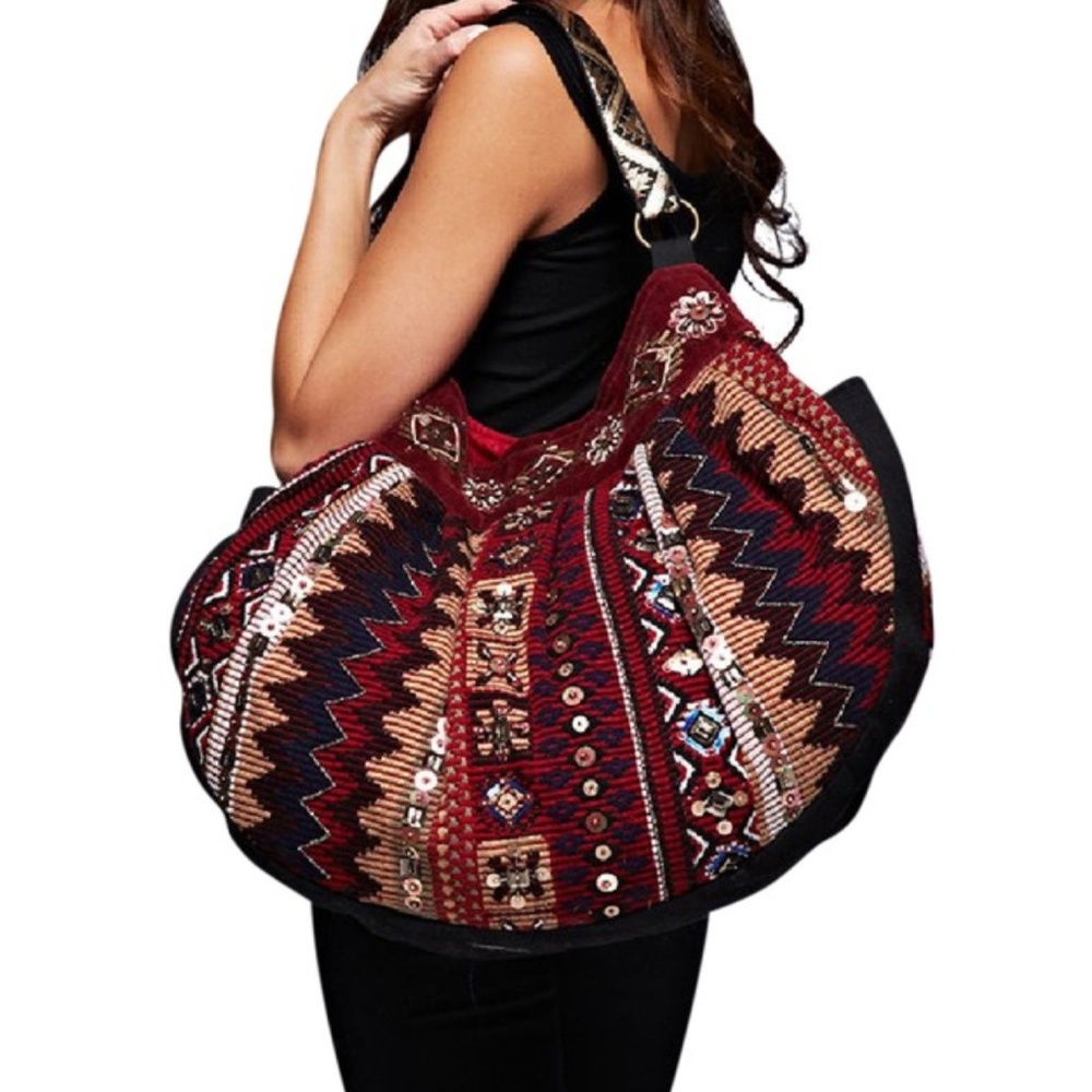 Bohemian hobo bag beaded velvet accent